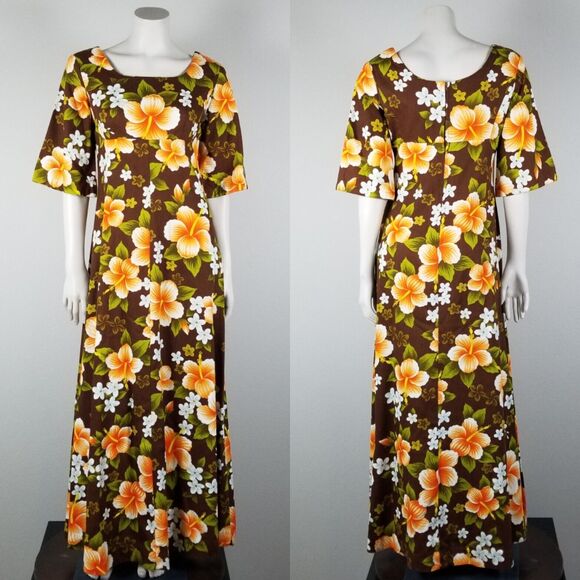 Ui-Maikai Hawaiian VTG 70s Empire  Hibiscus Print Maxi Brown Dress Size Small - Picture 1 of 13